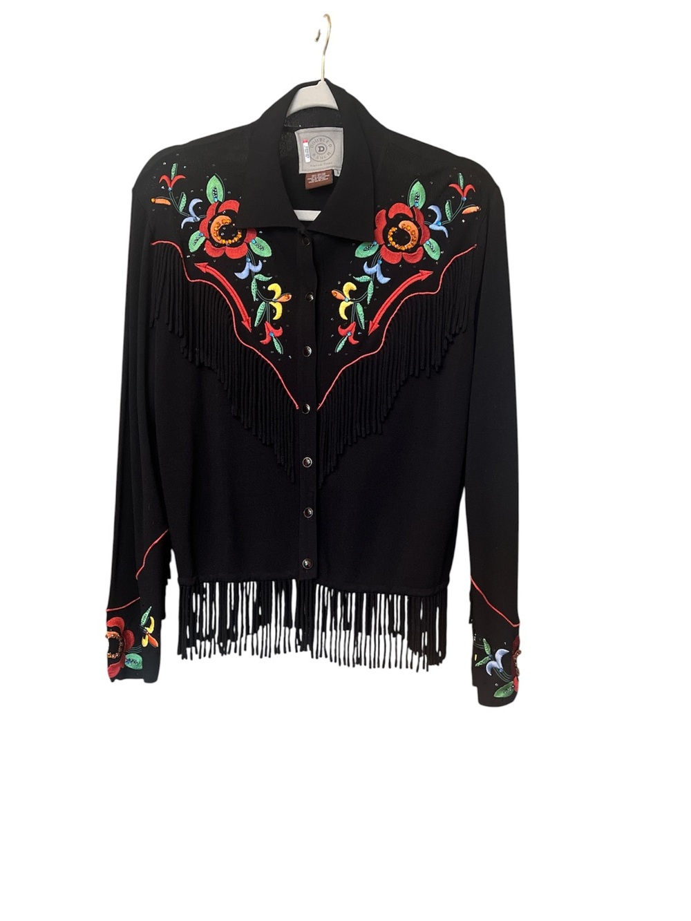 Double D Ranch Western Fringe Embroidered Button-Up Shirt Jacket - Black